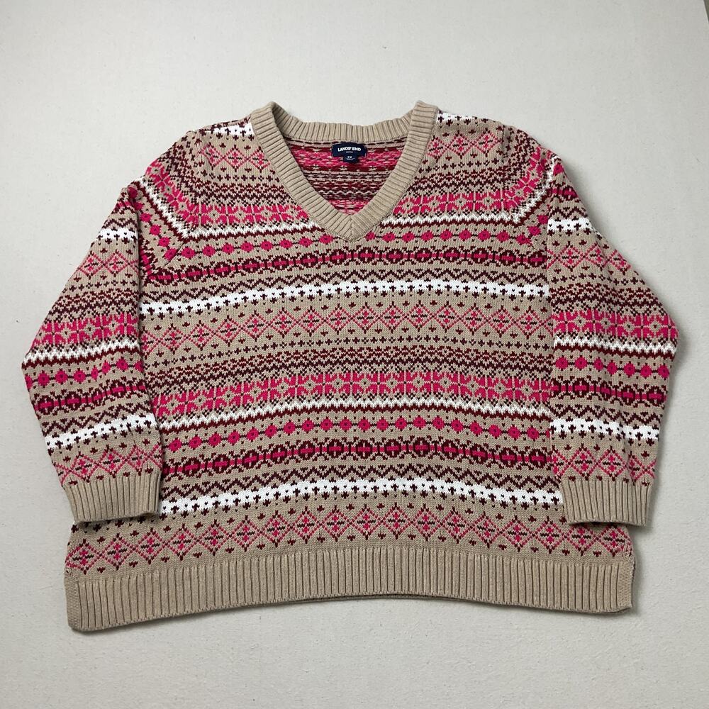 Lands Ends Casual Knit Long Sleeve V-Neck Sweater Pink Womens 2X